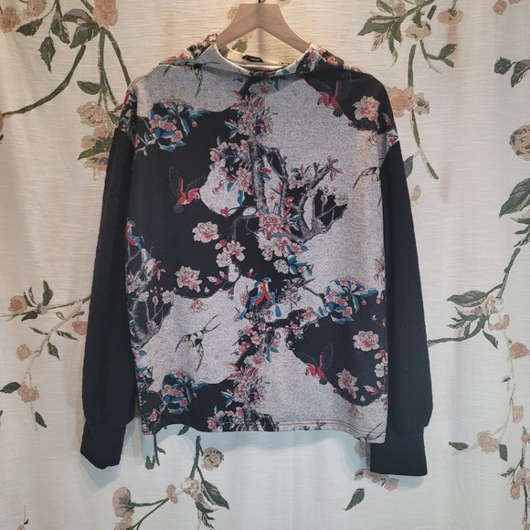 Smash! Asian Bird Floral Print Jersey Balloon Sleeve Sweatshirt Sweater - Picture 5 of 9